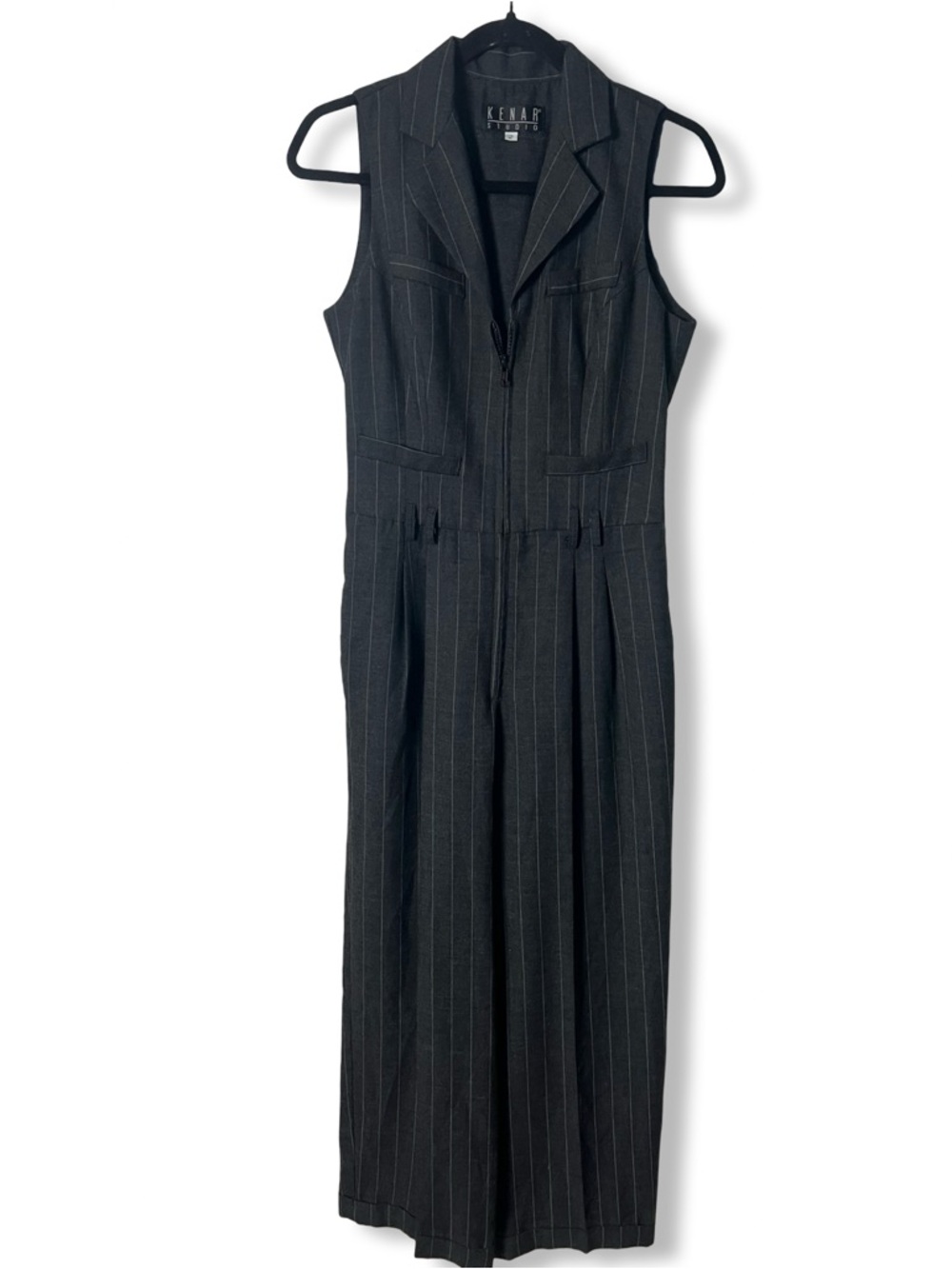 Vtg 90s Kenar Studio Pinstripe‎ Sleeveless Jumpsuit Zip Front Pleated Sz 2